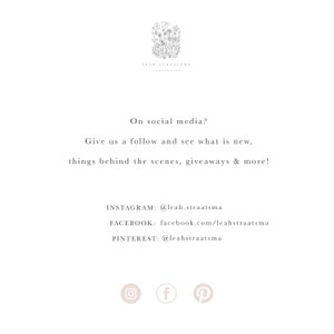Puede incluir: Texto sobre un fondo blanco que dice "&iquest;En las redes sociales? &iexcl;S&iacute;ganos y vea qu&eacute; hay de nuevo, cosas detr&aacute;s de escena, regalos y m&aacute;s!" con iconos de redes sociales y enlaces a Instagram, Facebook y Pinterest.