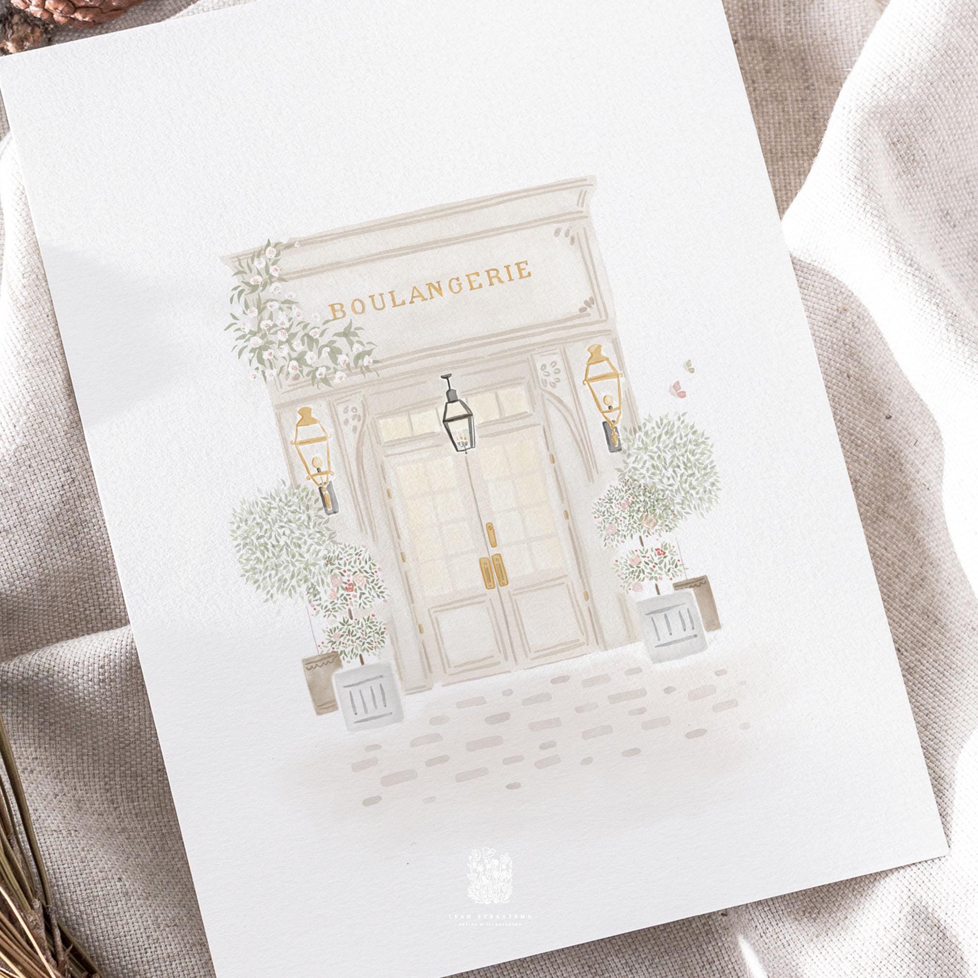 French Bakery Wall Art, Paris Cafe Print, Printable Wall Art, Kitchen Decor, French Architecture Print, Watercolour Bakery Artwork