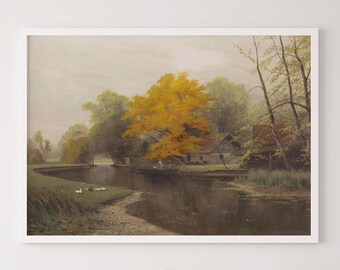 Autumn River Landscape Print: Vintage Cottage and Trees Wall Art (Digital Download)