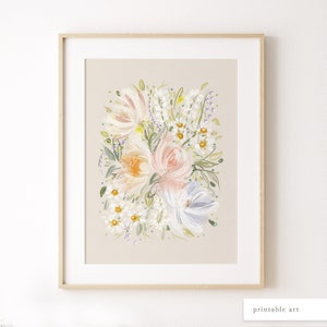 Pastel Floral Wall Art, Botanical Print, Printable Wall Art, Neutral Flower Decor, Cottagecore Aesthetic, Boho Bedroom Art Print