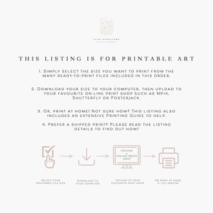 May include: Printable art instructions.  Select your preferred file size, download to your computer, upload to an online print shop, or print at home.  The image shows a checklist, a download icon, a computer screen with the words "Upload to Online Print Shop", and a printer icon.