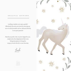Printable unicorn wall art close-up with artist note and signature, showing watercolor detail and star accents.