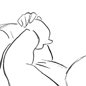 May include: Line drawing of a person with their head in their hands, looking down.