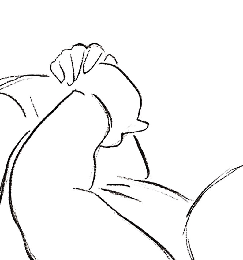 May include: Line drawing of a person with their head in their hands, looking down.