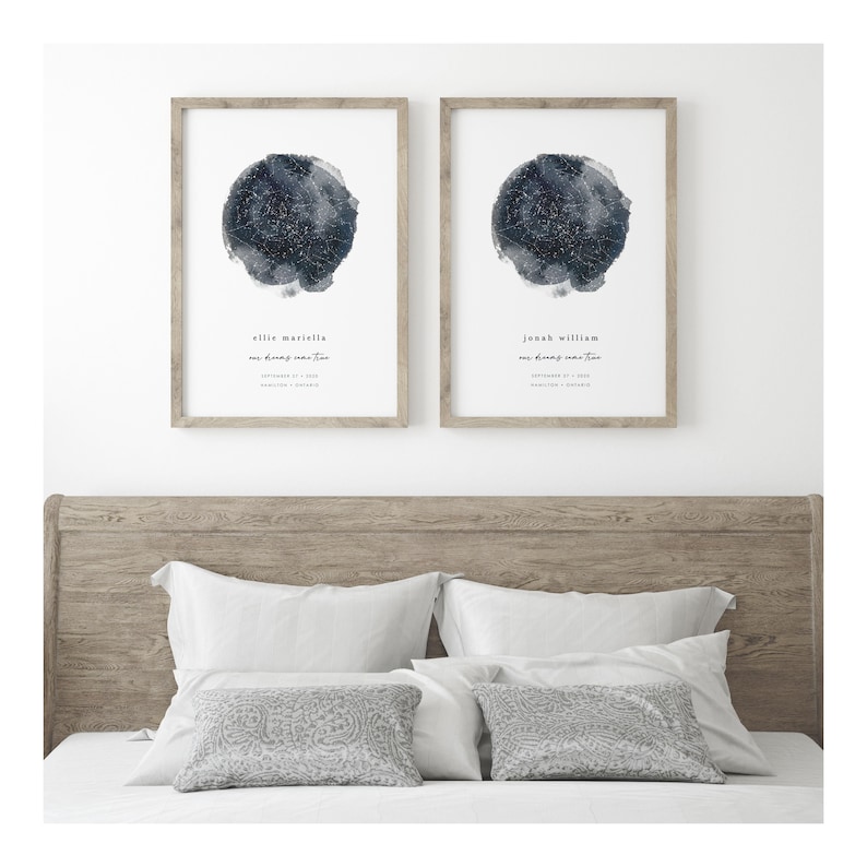 Two personalized celestial wall art prints with a custom star map, including name and birth details, framed on a wall in a serene bedroom above a bed.