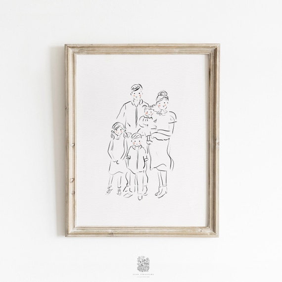 5 Character Custom Portrait Wall Art: Family Line Art Illustration
