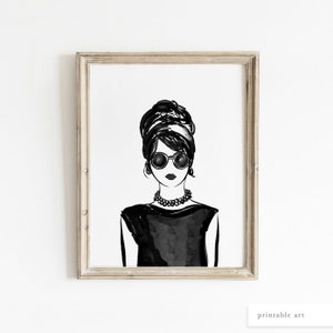 Fashion Wall Art, Black White Fashion Print, Printable Wall Art, Watercolor Fashion Print, Fashion Portrait, Vintage Woman Art, Girls Decor