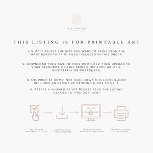 Puede incluir: Diagrama que muestra los pasos para imprimir arte digital.  Seleccione el tama&ntilde;o de archivo que prefiera, desc&aacute;rguelo a su computadora, c&aacute;rguelo a su tienda de impresi&oacute;n en l&iacute;nea favorita o impr&iacute;malo en casa.  El texto "This listing is for printable art" est&aacute; en la parte superior de la imagen.