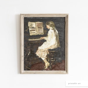 Vintage Klavier Kunst, druckbare Wandkunst, antike Porträtmalerei, musikalische Wanddekoration, Mädchenzimmer, elegantes Wohndekor, klassische Wandkunst