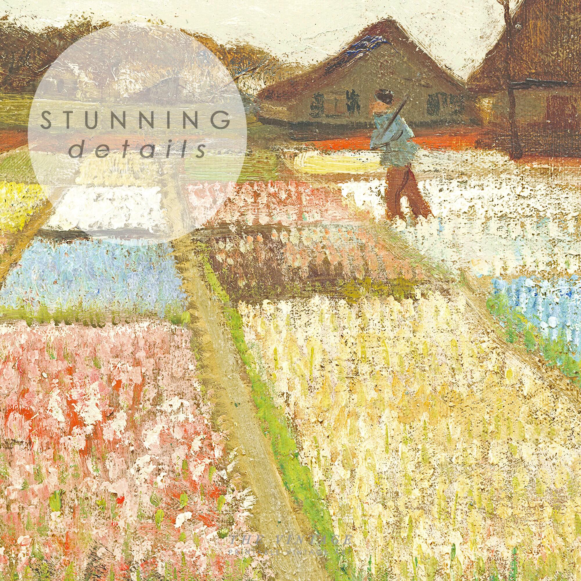 ビンテージチューリップ畑の絵画、オランダの風景画、花の田園風景の