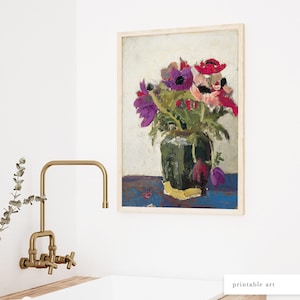 Printable floral painting styled in a farmhouse kitchen, bringing charm and elegance to rustic spaces.