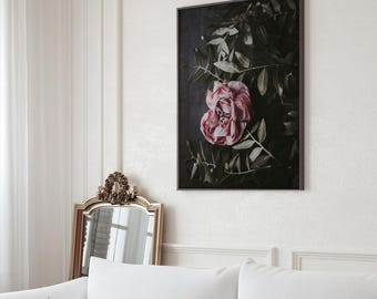 Moody Pink Peony Print: Dark Botanical Wall Art (Digital Download)