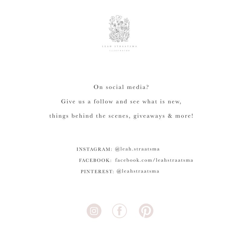 May include: Text on a white background that reads "On social media? Give us a follow and see what is new, things behind the scenes, giveaways & more!" with social media icons and links for Instagram, Facebook, and Pinterest.