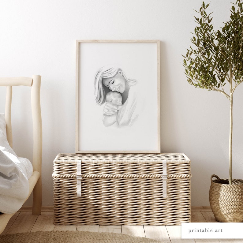 Mutter und Baby Wandkunst, Mutter und Kind Druck, druckbare Wandkunst, Muttertag Wandkunst, Muttertag Illustration, Aquarellmalerei Bild 3