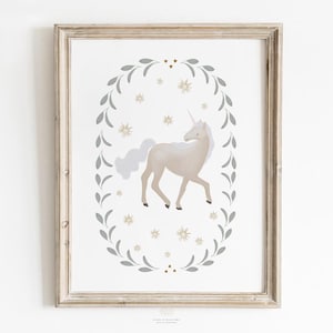 Framed unicorn wall art with neutral tones, displayed on a plain white wall in a light wood frame.