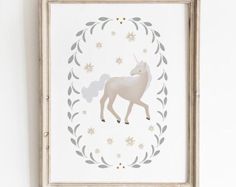 Unicorn Wall Art, Whimsical Nursery Print, Printable Wall Art, Kids Room Decor, Neutral Nursery Art, Magical Wall Decor, Fairytale Poster