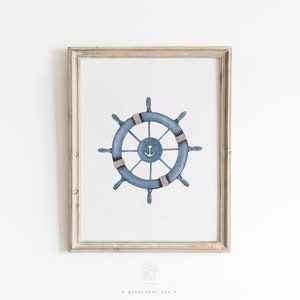 Nautical Ship Wheel Art, Printable Wall Art, Coastal Wall Decor, Watercolor Nautical Print, Beach House Art, Ocean Theme Artwork