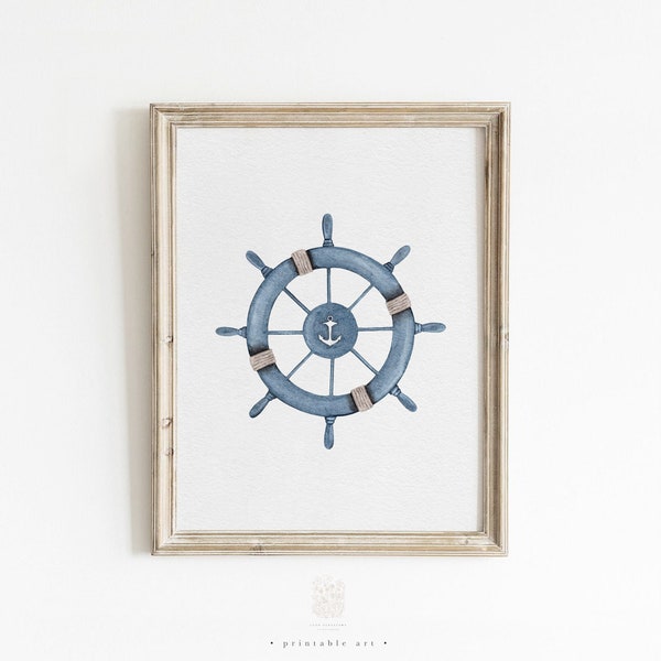 Nautical Ship Wheel, Printable Wall Art, Watercolor Coastal Wall Art, Coastal Decor, Nautical Wall Decor, Coastal Painting, Nautical Nursery