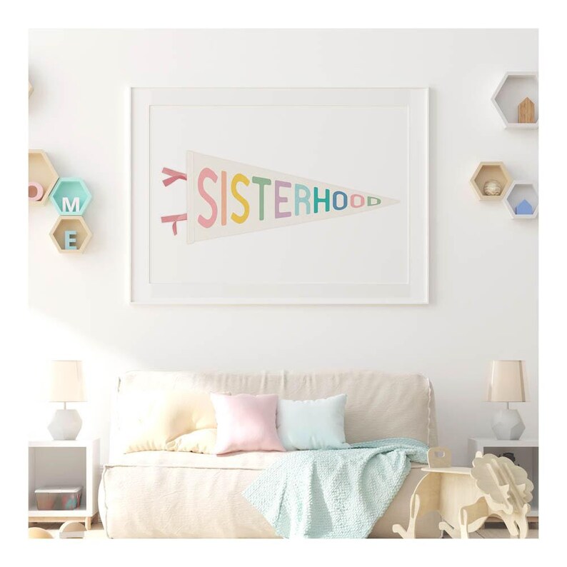 Sisterhood pennant flag wall art, pastel feminist print, modern girl power artwork, printable decor for bedrooms and nurseries.