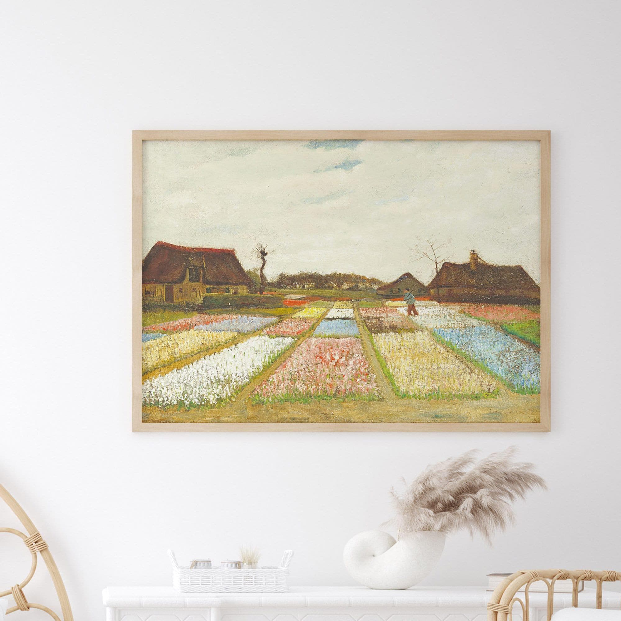 ビンテージチューリップ畑の絵画、オランダの風景画、花の田園風景の