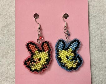 Plusle and Minun Pokemon Cross Stitch Earrings