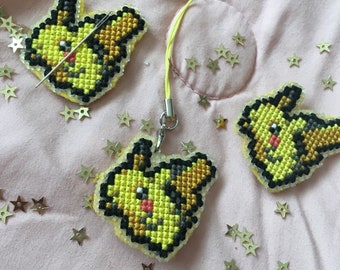 Cross Stitch Pikachu Pokemon Keychain, Pin, Needleminder / Magnet