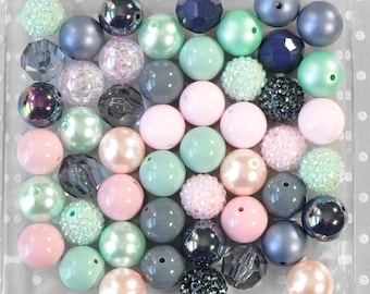 20mm Succulent Garden bubblegum beads mix, Green pink navy grey plastic chunky beads