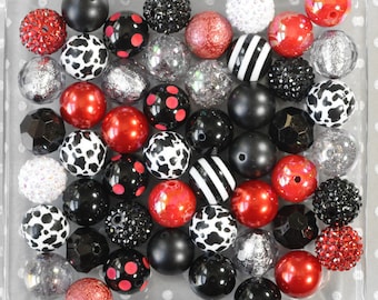 Dalmatian Villain bubblegum beads mix, Chunky Bubble Gum Red black white beads