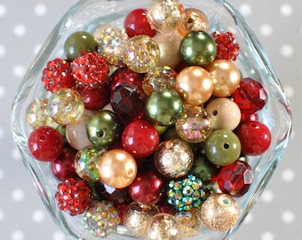 12mm Farmhouse Christmas Bubblegum bead mix, Small bubblegum beads, 12mm acrylic beads mix, Plastic small beads dark red green champagne