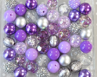Purple and Silver 20mm Bubblegum Bead Mix, Acrylic Chunky Beads