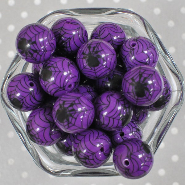 20mm Purple Spider web print pearl bubblegum beads in bulk, Halloween spider beads acrylic chunky gumball plastic bead for kids jewelry