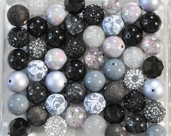Black and Grey 20mm Bubblegum Beads Mix, Chunky Plastic Beads