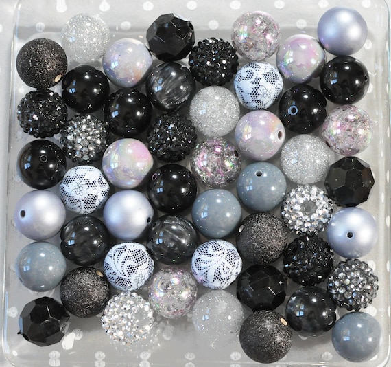 Black and Grey 20mm Bubblegum Beads Mix, Chunky Plastic Beads