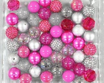 Fuchsia pink and silver bubblegum bead mix, Bubble gum beads wholesale, Bubblegum bead bulk order, Gumball beads, Chunky bead kit