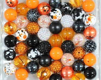 Halloween Patterns Bubblegum Bead Mix, Orange and Black 20mm Chunky Beads