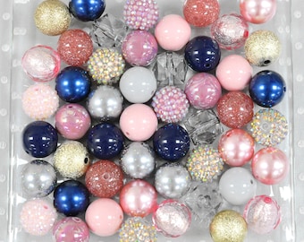 Recital ballet chunky beads wholesale, Pink navy grey bubblegum beads mix, Bulk 20mm acrylic plastic bubble gum beads necklace kit