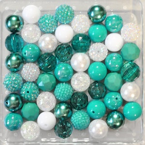 Teal and White bubblegum beads mix, Teal green white plastic chunky beads, 20mm Bubble gum beads, Bulk beads