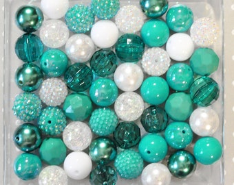 Teal and White bubblegum beads mix, Teal green white plastic chunky beads, 20mm Bubble gum beads, Bulk beads