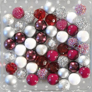 Maroon Silver White Acrylic Bubblegum Beads, 20mm Chunky Bead Mix