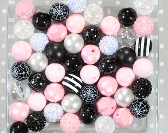 Pink Spider Bubblegum beads, 20mm bubblegum bead mix, Chunky beads wholesale, Gumball bead, Pink black spider web, Halloween beads for girls