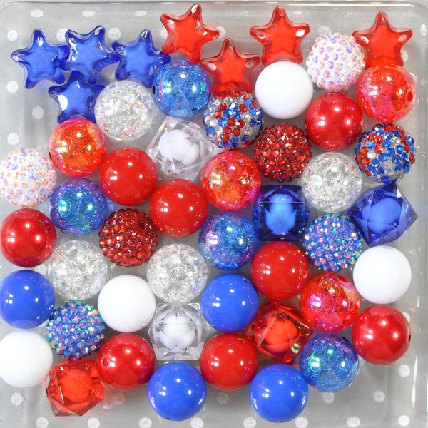 July Stars bubblegum bead mix, 4th of July red white and blue beads, 20mm beads, Bubble gum beads wholesale, Crafts for kids