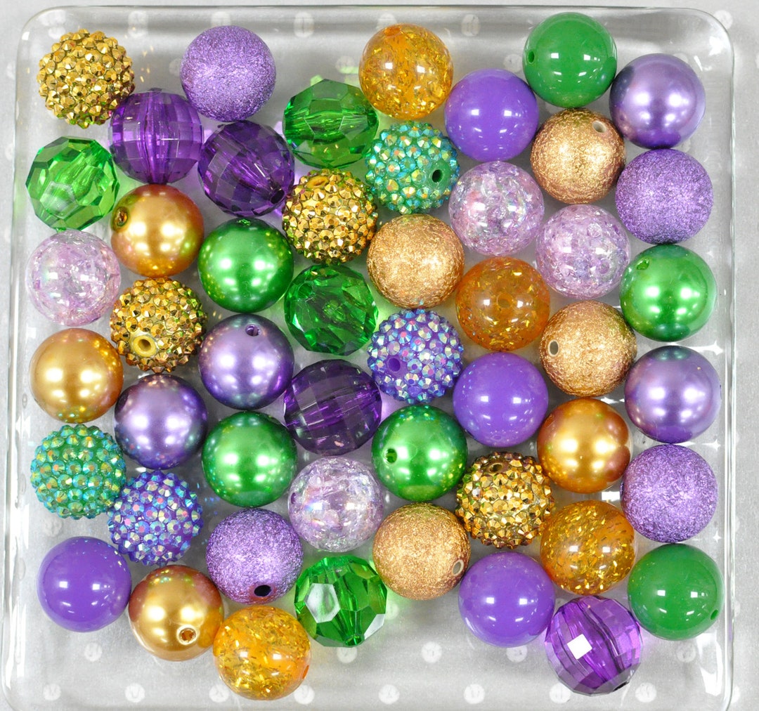 Mardi Gras Bubblegum Bead Mix, Purple Green Gold Bubble Gum Beads, 20mm