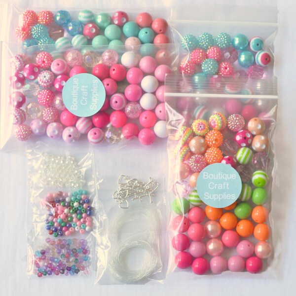 Bubblegum beads party mix, Bubblegum necklace kit, 10 necklace chunky bead party kit for girls, Birthday kids craft kit