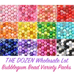 May include: A dozen packs of colourful bubblegum beads in various colours and patterns, including pink, yellow, green, blue, red, and black. The beads are arranged in a grid pattern.