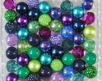 Pretty Peacock Bubblegum Bead Mix, Teal, Green, Purple 20mm Beads
