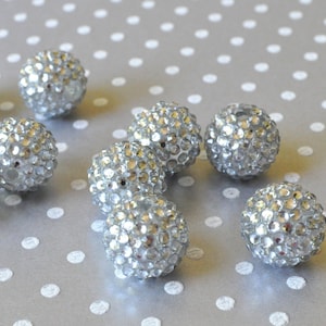 20mm Silver rhinestone bubblegum bead set of 10, Silver rhinestone gumball beads, Silver chunky bead, Beads for chunky necklace jewelry