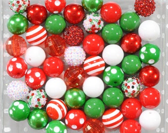 20mm Christmas Bubblegum Beads, Red emerald green white bubble gum bead mix