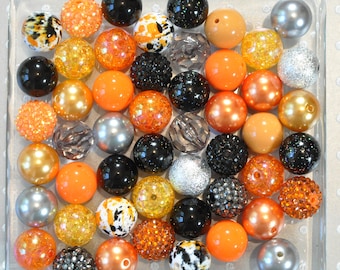 Halloween Splatter Bubblegum Bead Mix, Chunky 20mm Orange Black Beads