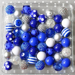 Royal blue white and silver bubblegum beads, Bubblegum bead mix, Bubble gum beads, Bubblegum beads bulk, 20mm beads, chunky beads wholesale