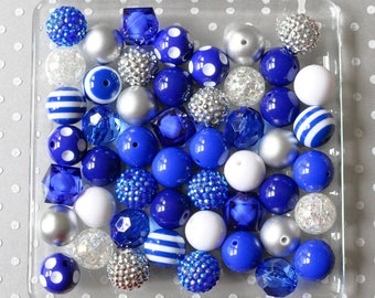 Royal blue white and silver bubblegum beads, Bubblegum bead mix, Bubble gum beads, Bubblegum beads bulk, 20mm beads, chunky beads wholesale